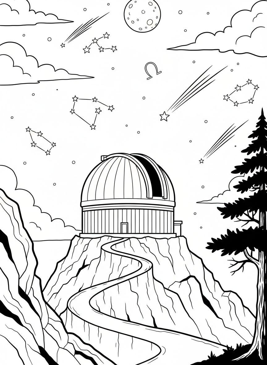 A telescope observatory dome on a hilltop at night, with shooting stars and constellations visible in the sky above
