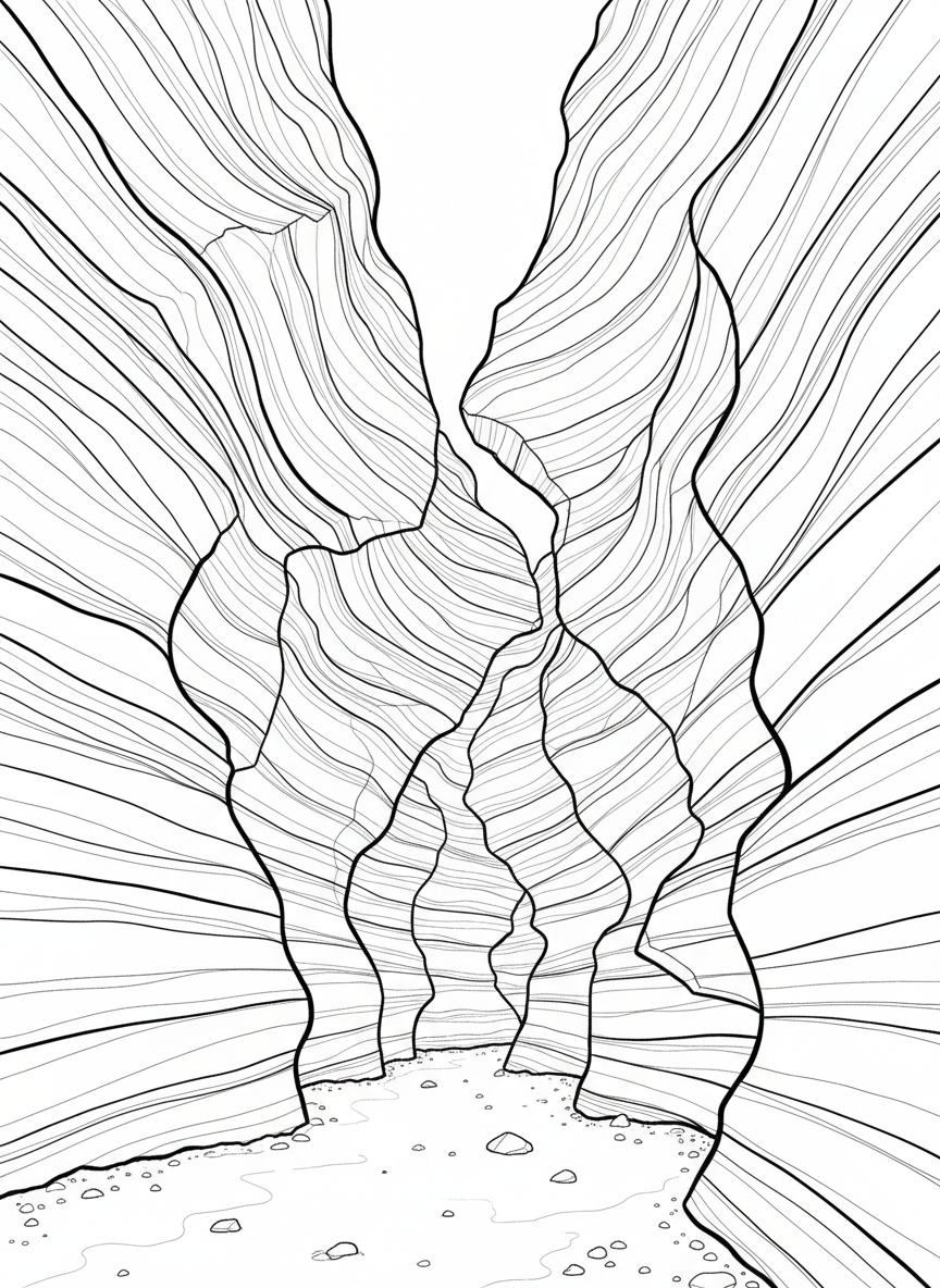 A slot canyon with narrow wavy walls reaching upward, showing the smooth carved rock patterns created by water over time, simple perspective.