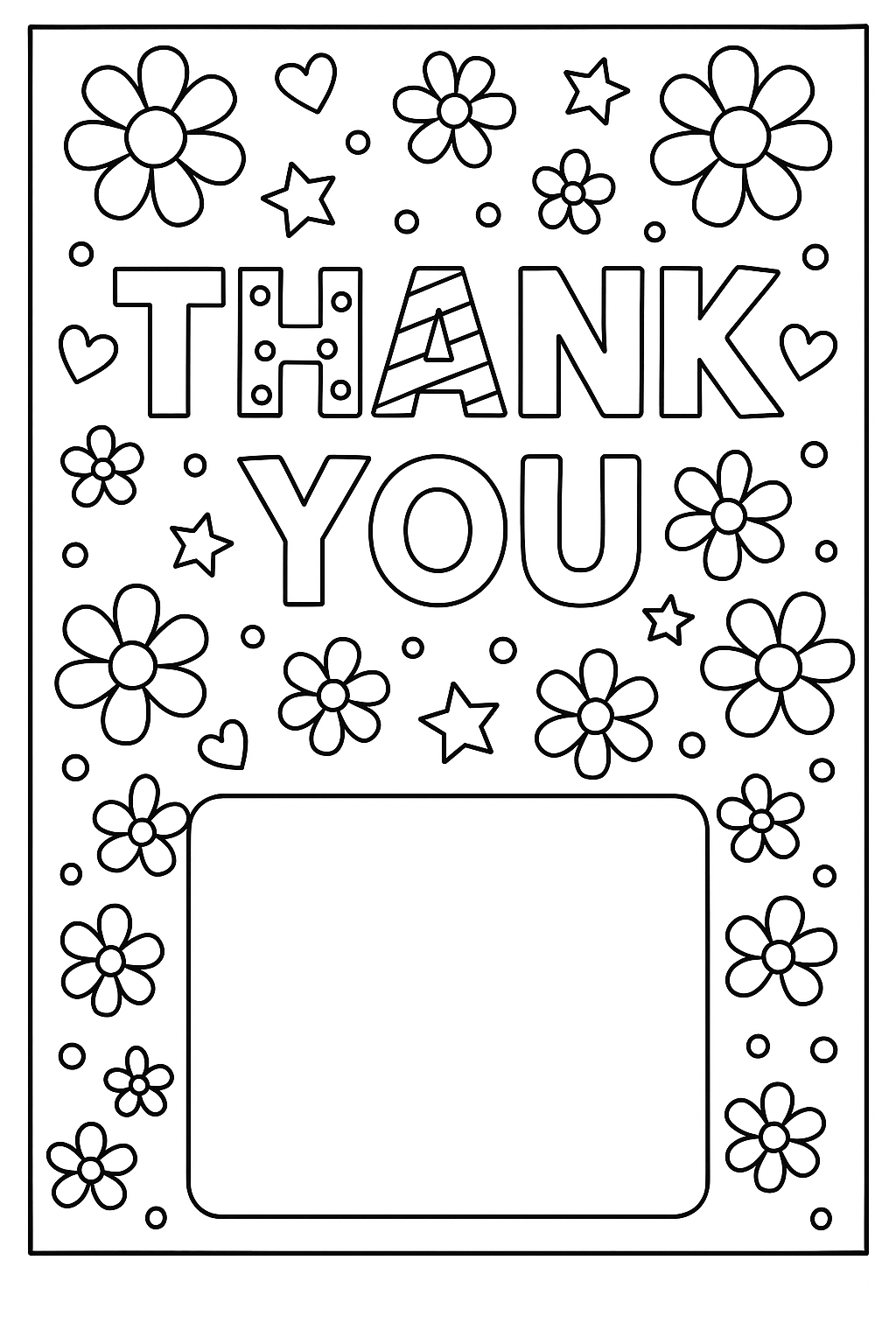 Thank you card coloring template: Thank You in decorative letters, flower border, hearts, stars, space for message, grateful decorations, thick outlines for personalized coloring card