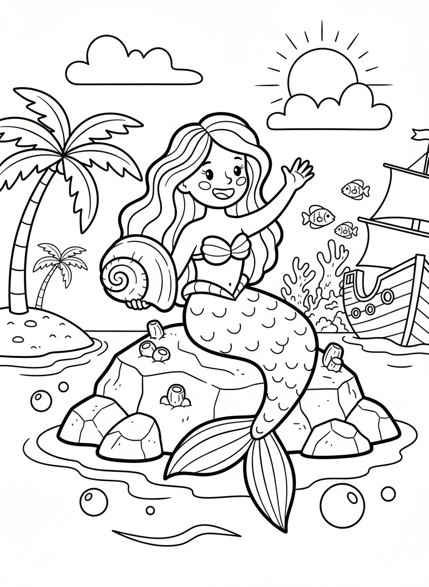 A cheerful mermaid with long flowing hair sitting on a rock, holding a seashell and waving, simple line art for young children