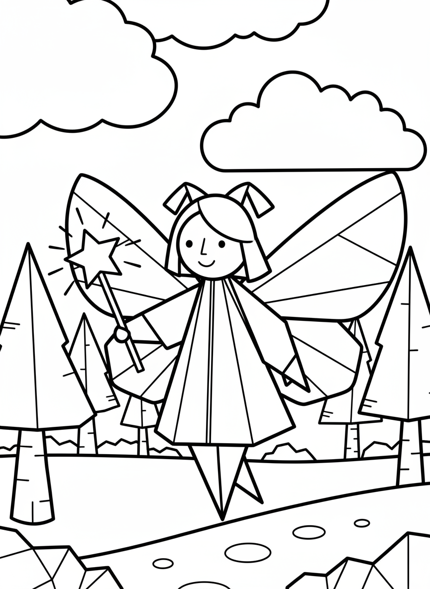 A simple origami fairy with paper-fold butterfly wings and a smiling face, holding a star wand, coloring page for young children
