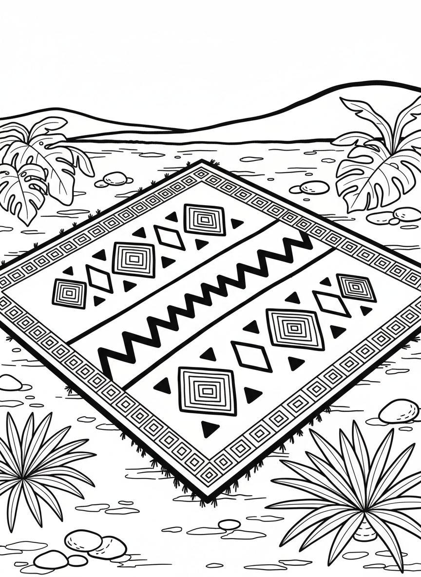 A woven mkeka mat with geometric patterns including triangles, diamonds, and zigzag lines, laid flat with decorative borders, perfect for coloring.