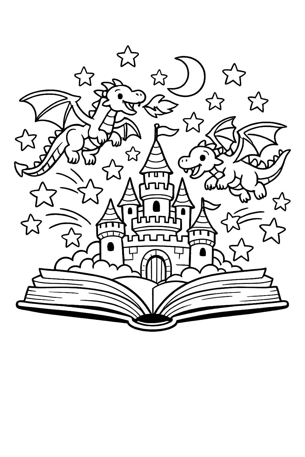 Magic Story: An open book where the story is "coming alive"—castles, dragons, and stars are floating out of the pages.