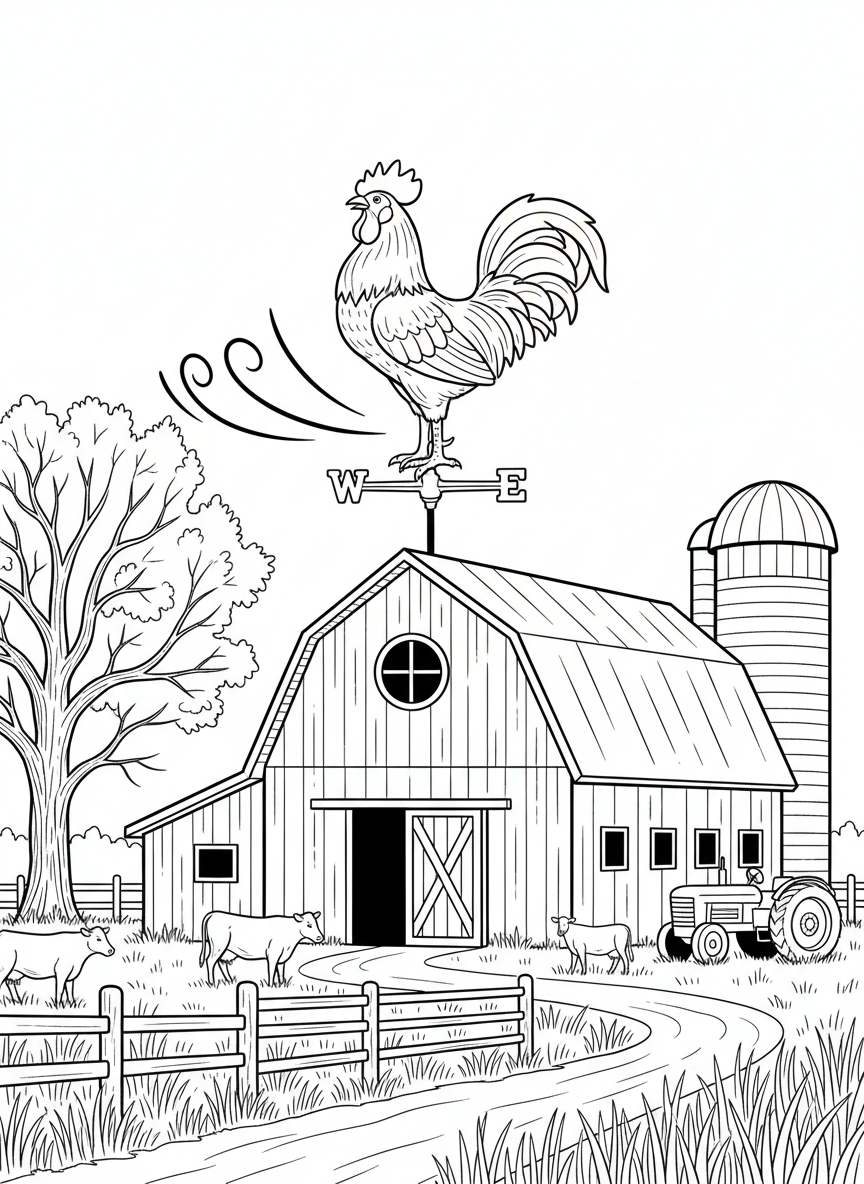A weather vane rooster on top of a barn with wind lines showing direction, farm scene