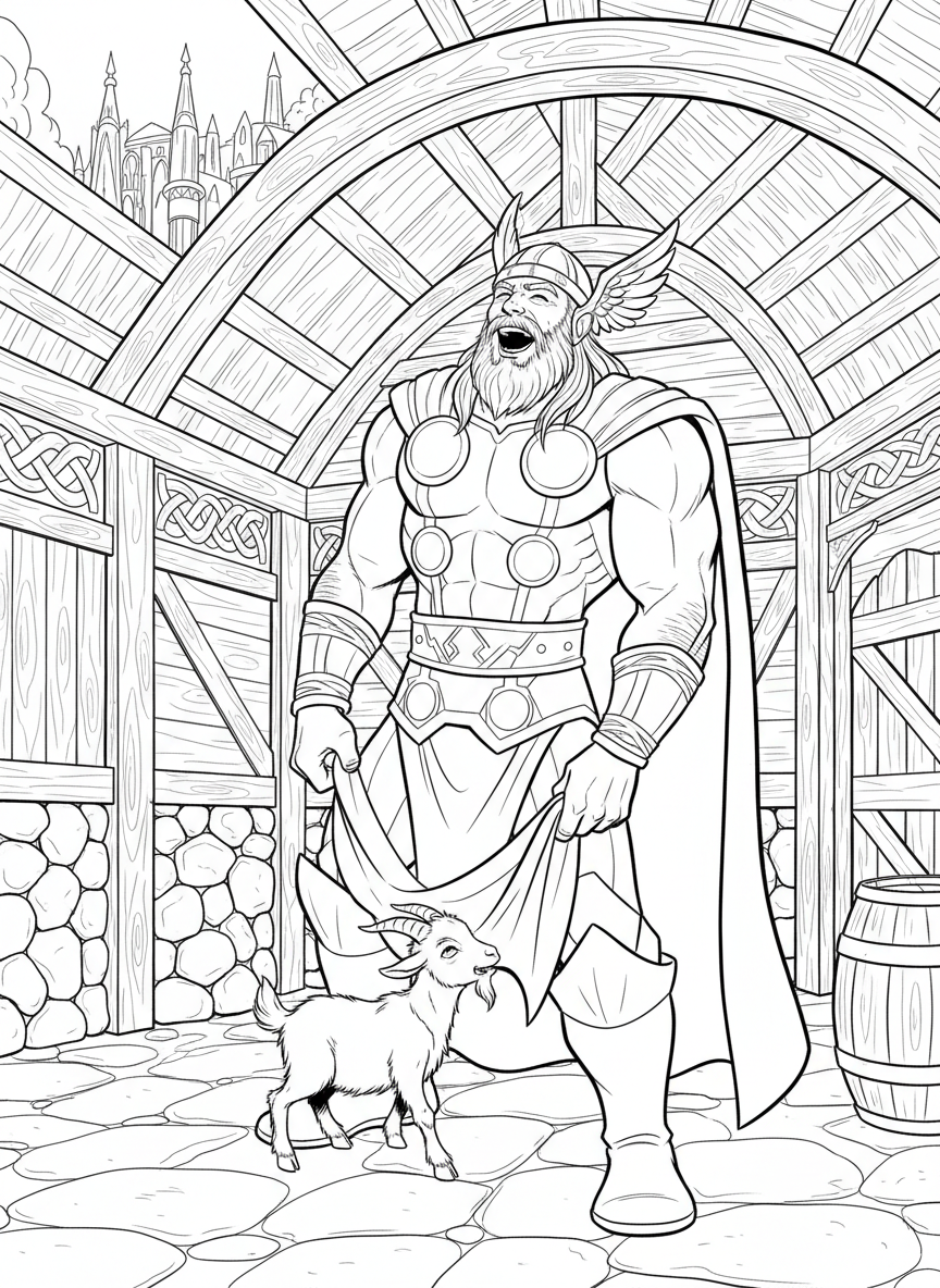 Thor laughs while a baby goat nibbles his cape, goat in the foreground, and Asgard barn behind, realistic and in the style of Thor.