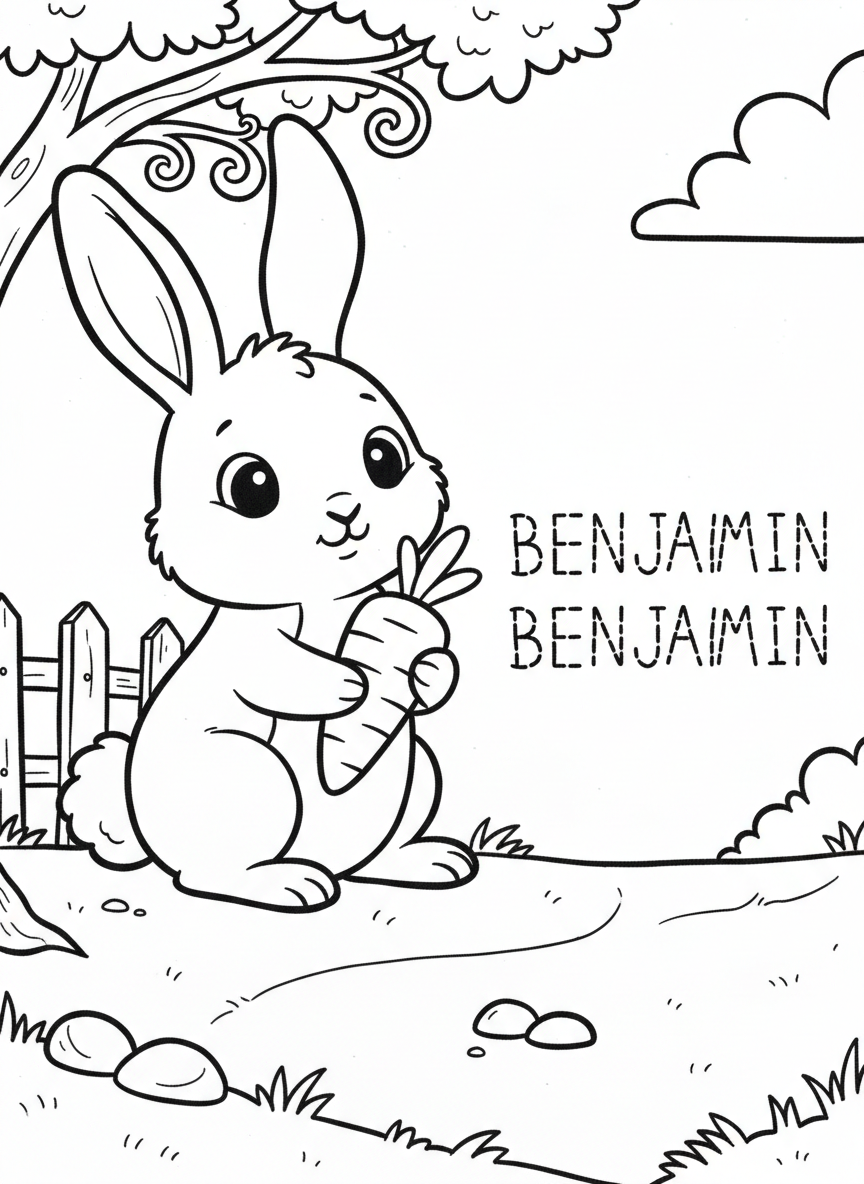 A cute bunny holding a carrot next to three handwriting rows with dashed letters spelling 'BENJAMIN', simple black and white outline