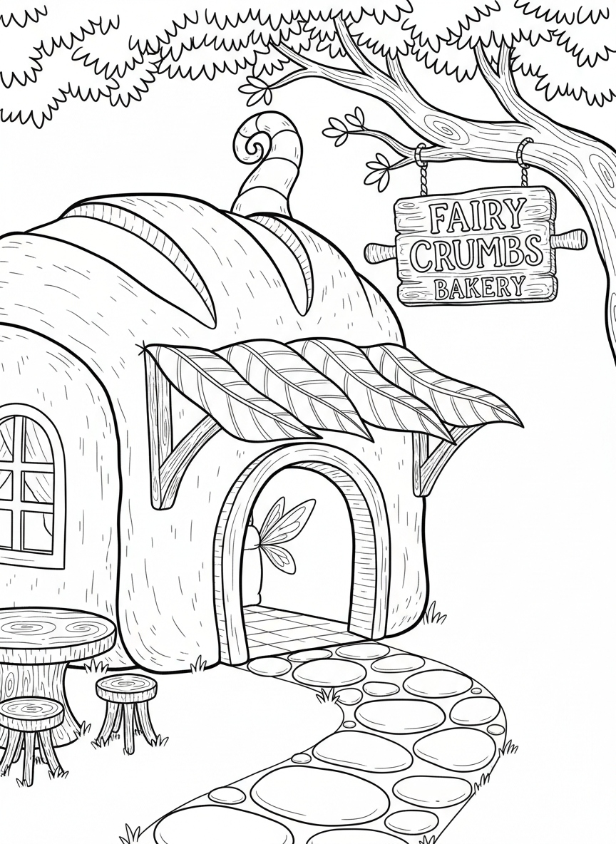 A whimsical fairy bakery with a bread loaf-shaped building, awning made of leaves, and a sign hanging from a branch.