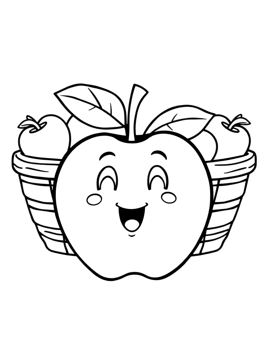 A friendly apple with a basket full of apples behind it.