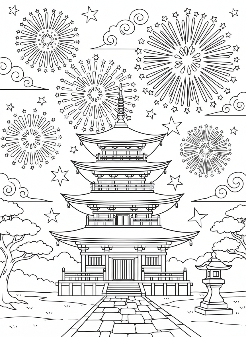 Fireworks bursting in the night sky above a traditional pagoda temple, bold outlines and star patterns