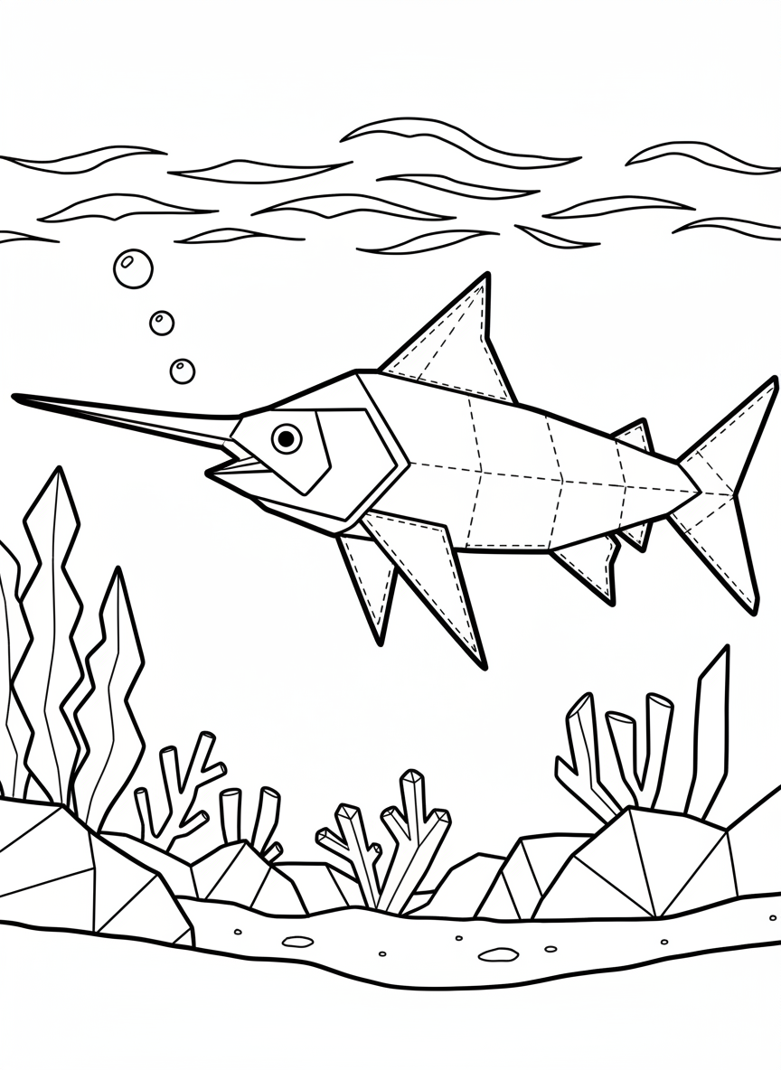 An origami swordfish with elongated geometric bill and angular fins, displaying clear paper crease patterns throughout.