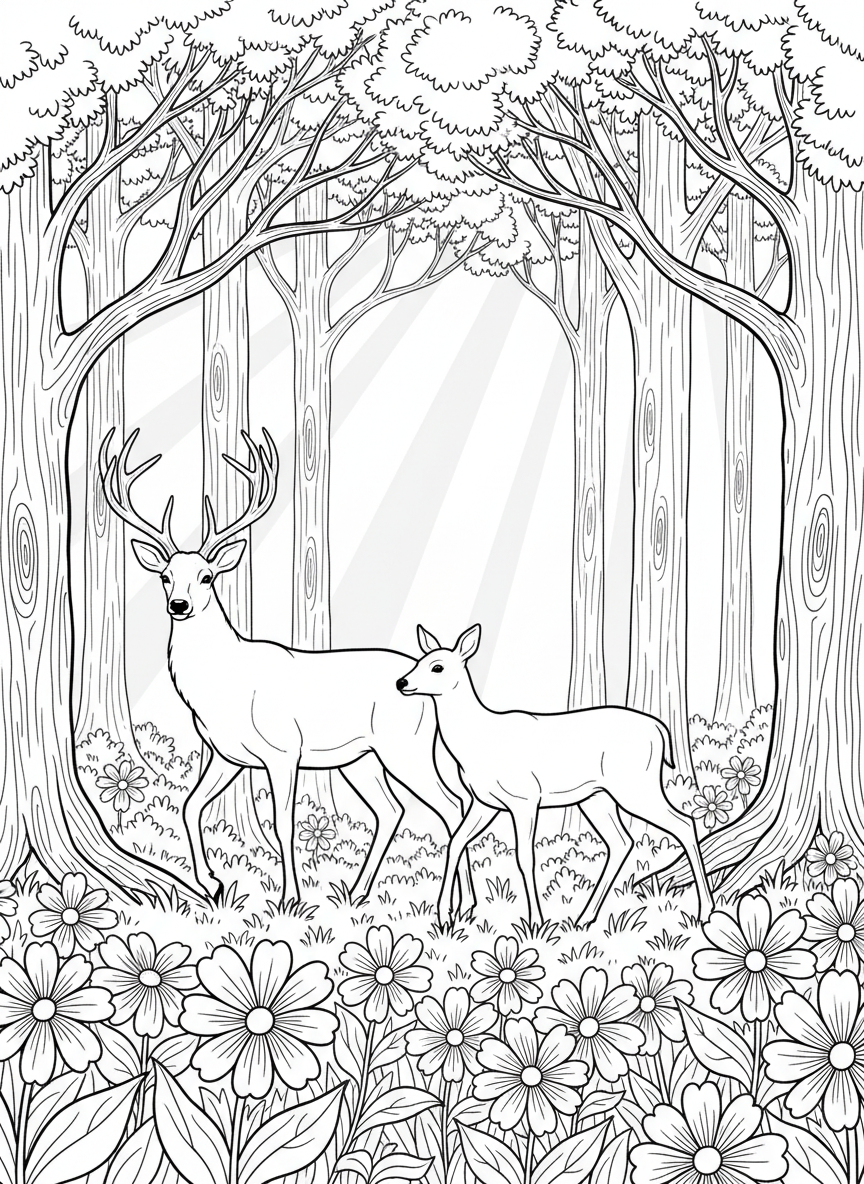 A family of deer walking through a forest clearing covered in wildflowers while sunlight filters through tall trees overhead.