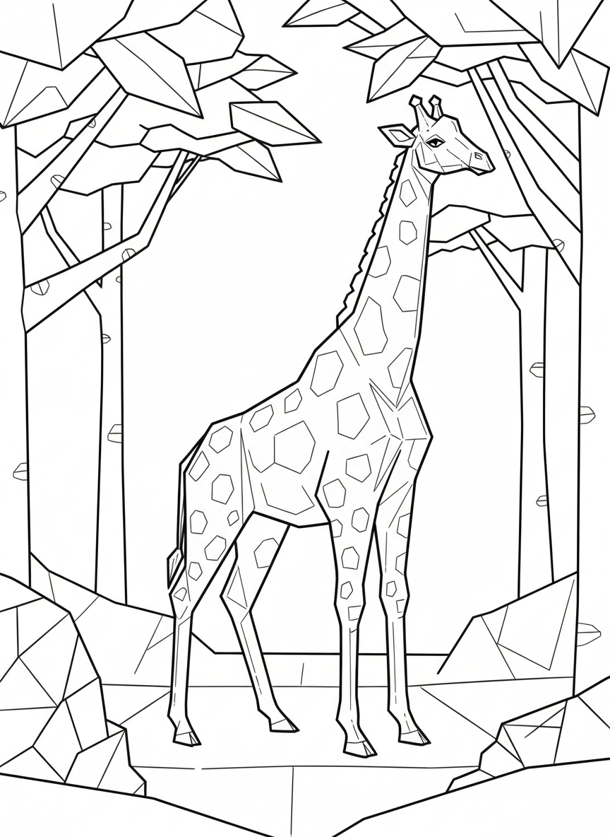 An origami giraffe with a long angular neck, geometric spots throughout its body, and four straight folded legs in a standing position.