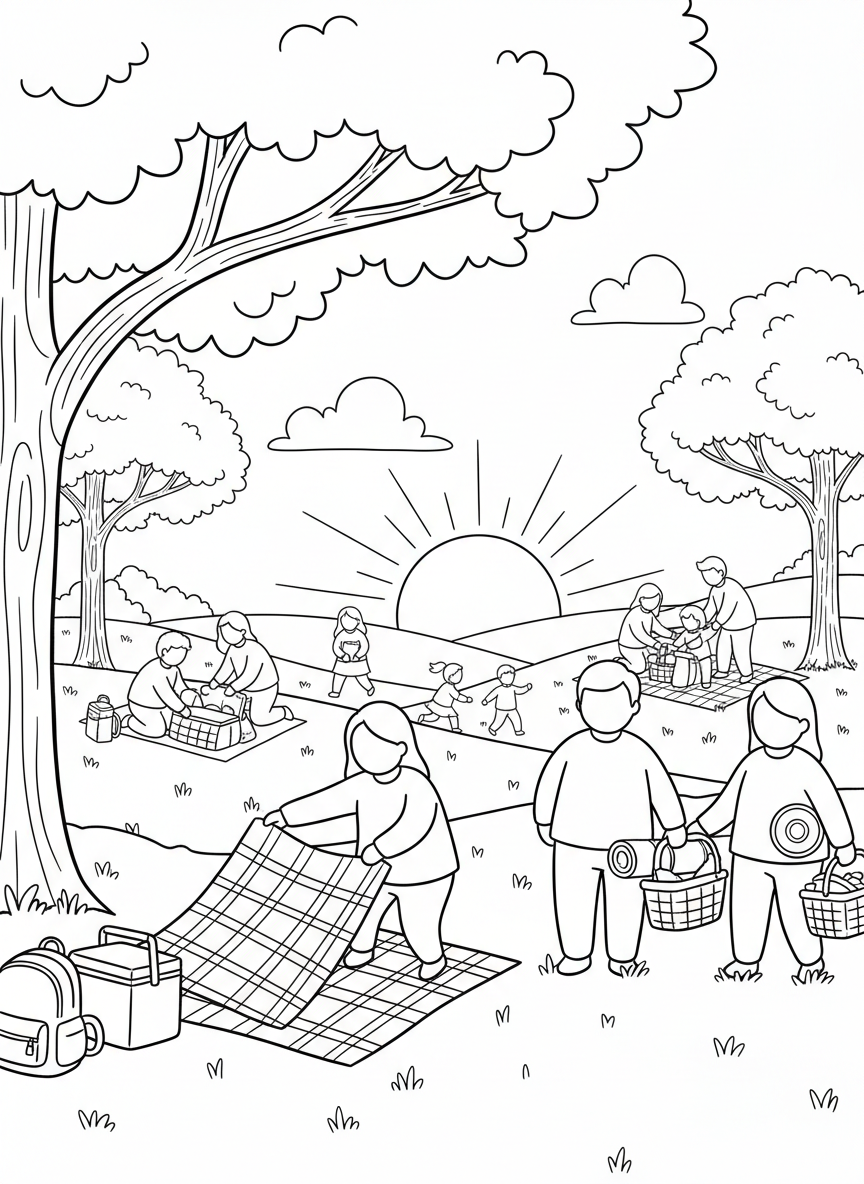 Labor Day Picnic coloring page prompts celebrating late-summer gatherings, relaxation, and seasonal transition.	An early evening scene as picnic groups begin to pack up and head home.