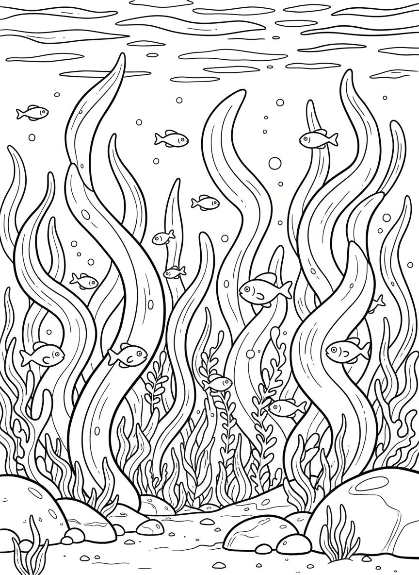 Seaweed and kelp forest underwater in a deep tide pool with small fish weaving between the fronds.
