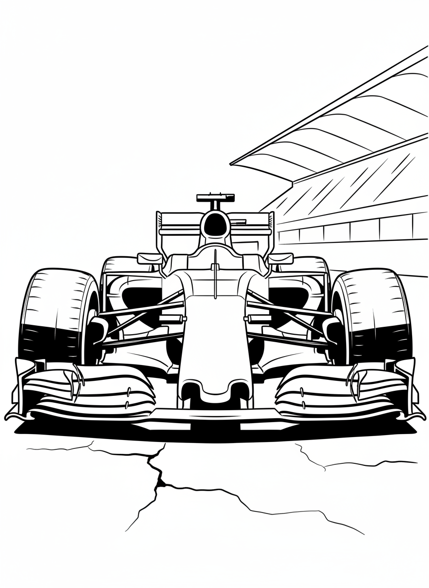 A close-up front view of a Formula One race car nose and front wing, showing the detailed aerodynamic elements and large front tires.