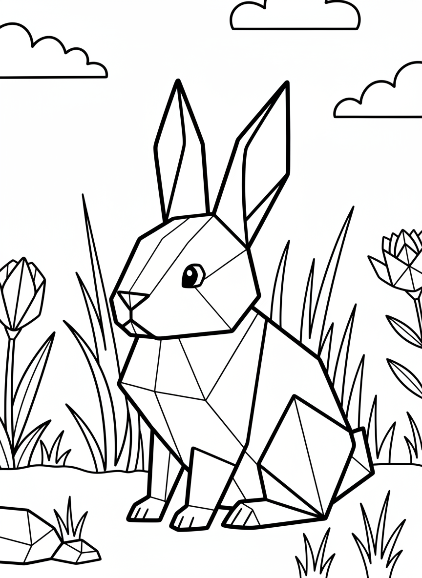A cute origami rabbit with long triangular ears, sitting among simple grass blades, showing clear paper fold lines and geometric body shapes.