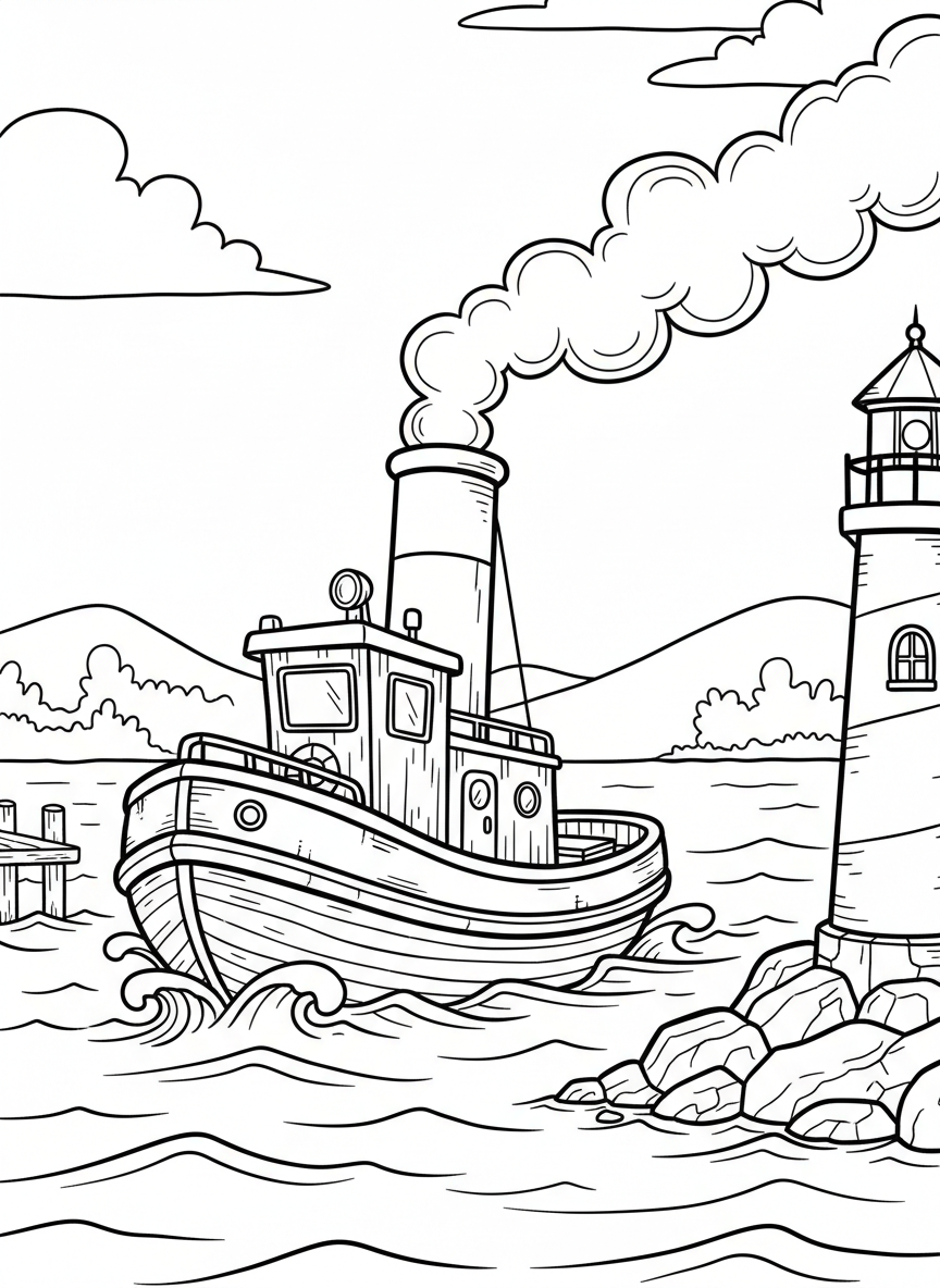 A rustic pottery-style tugboat with smokestack, pulling through harbor waters near a lighthouse, hand-crafted line art coloring page