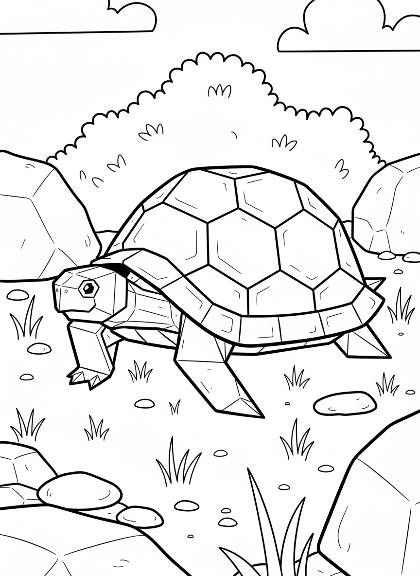 An origami turtle with hexagonal shell pattern, geometric head and legs, slowly walking among simple grass and pebbles, easy difficulty.