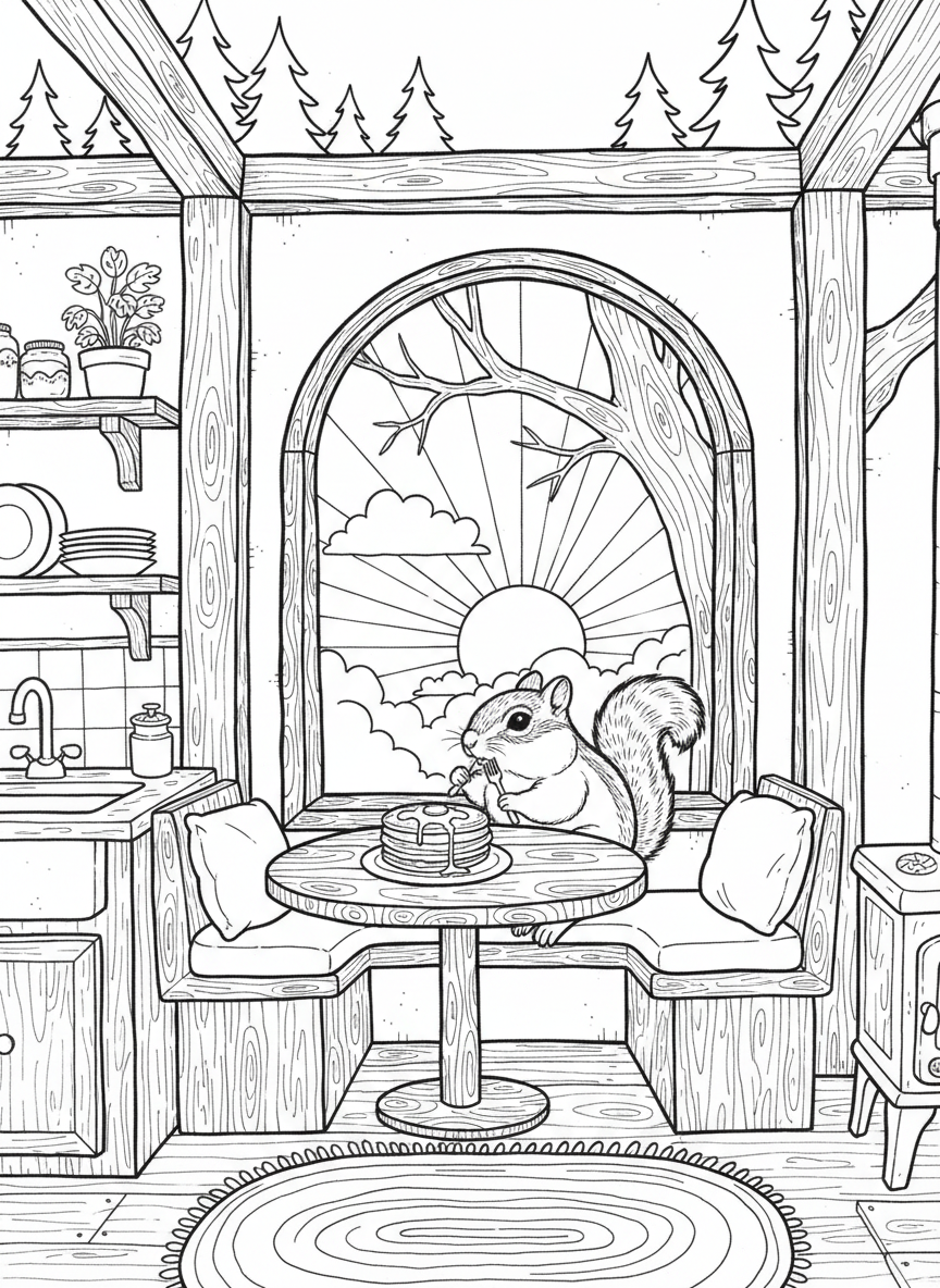 A treehouse kitchen with a breakfast nook, a chipmunk enjoying pancakes while watching the sunrise through the window.