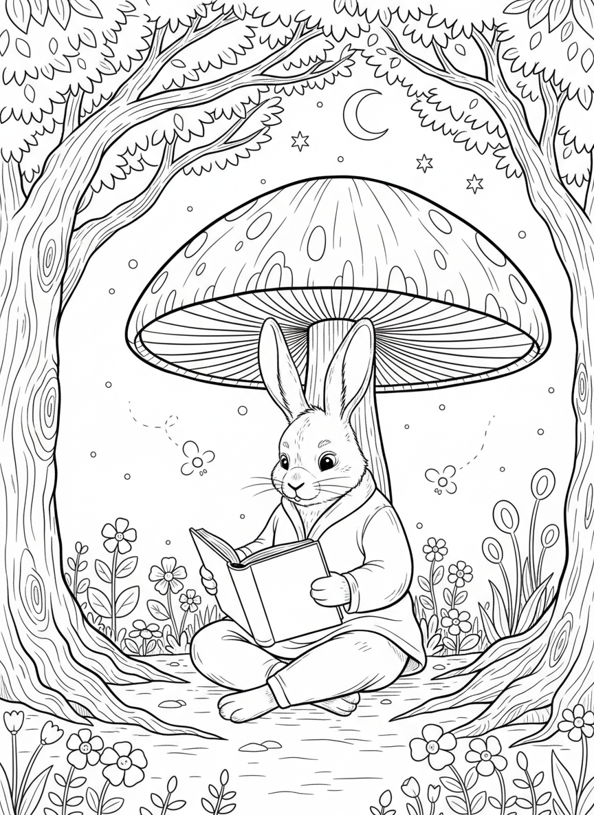 A rabbit reading a book under a large mushroom umbrella, with fireflies and small flowers in the enchanted forest