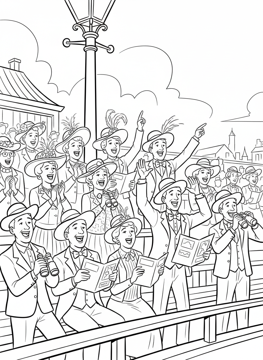 A group of excited spectators in fancy hats and bow ties cheering from the grandstand, holding programs and binoculars.