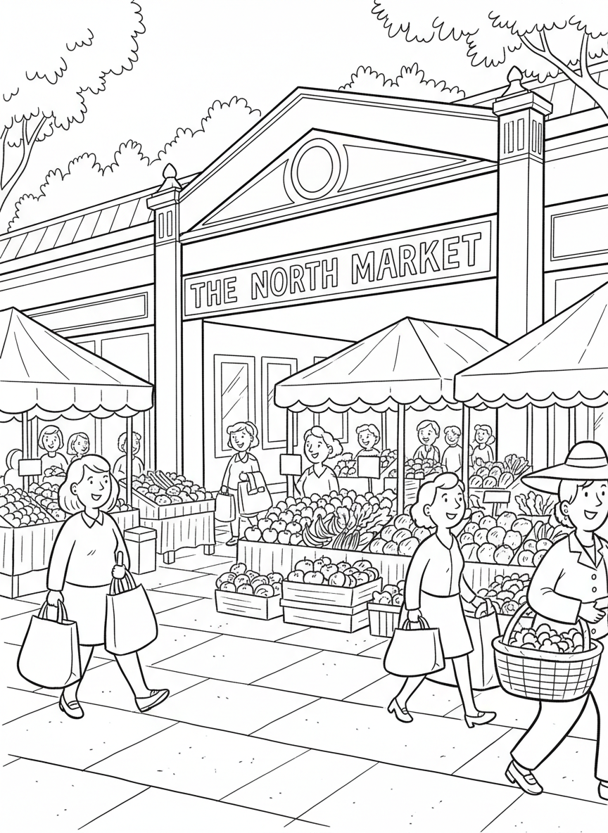 The North Market building entrance with vendors' stalls, fresh produce displays, and happy shoppers carrying bags