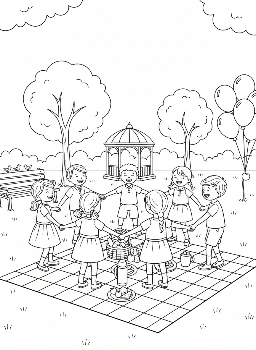 A group of diverse children holding hands in a circle playing ring-around-the-rosy at a park picnic gathering.
