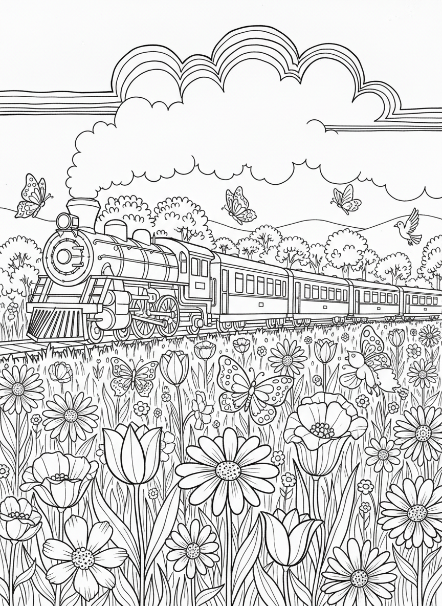 A steam engine pulling passenger cars through a flower-filled meadow in springtime, with butterflies and birds flying around.