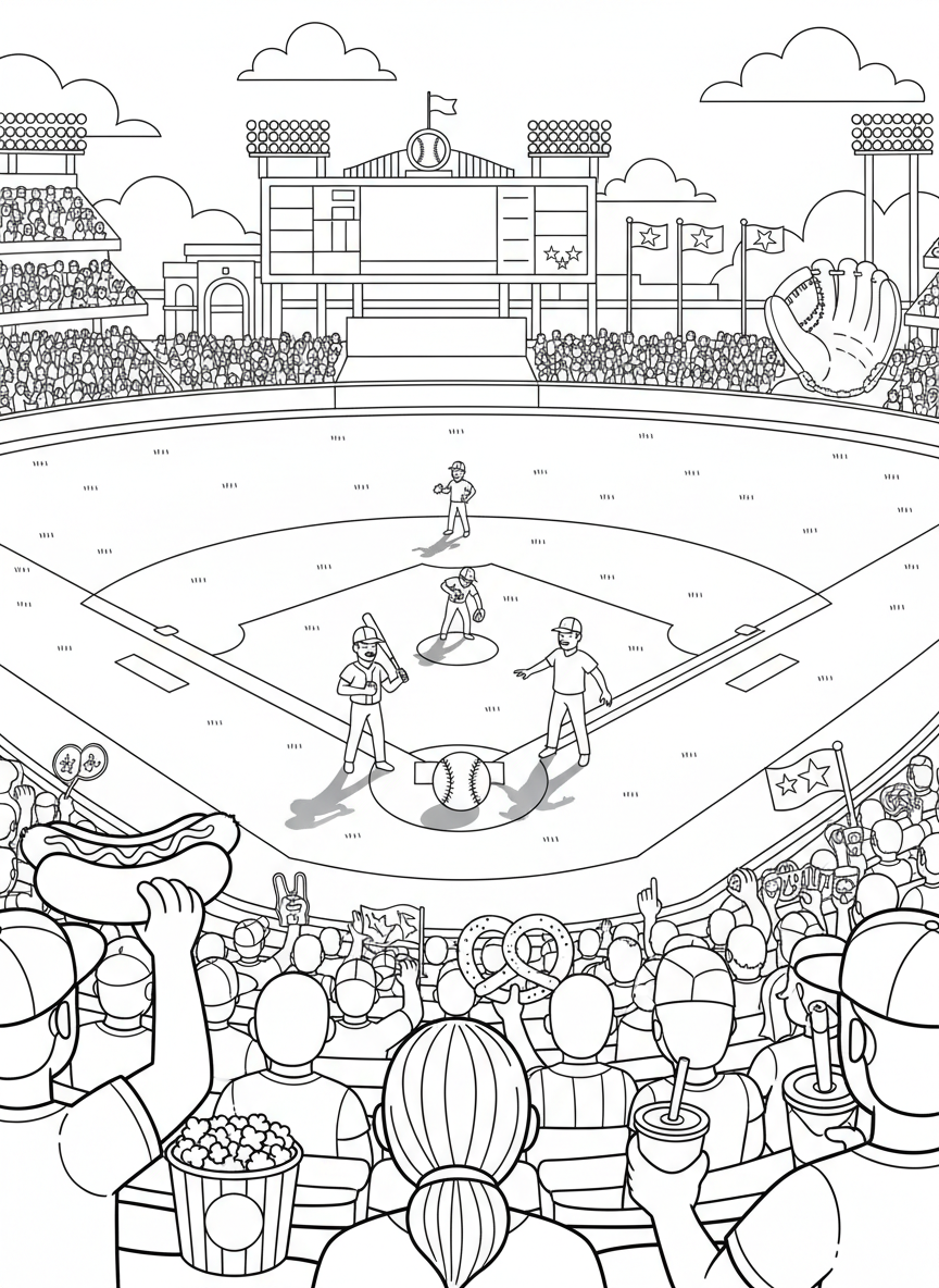 MLB All Star Game coloring page prompts highlighting summer baseball, star players, iconic ballparks, and celebratory league traditions.	An overhead view of the diamond during the seventh inning, shadows stretching across the grass while fans enjoy snacks and warm summer air.