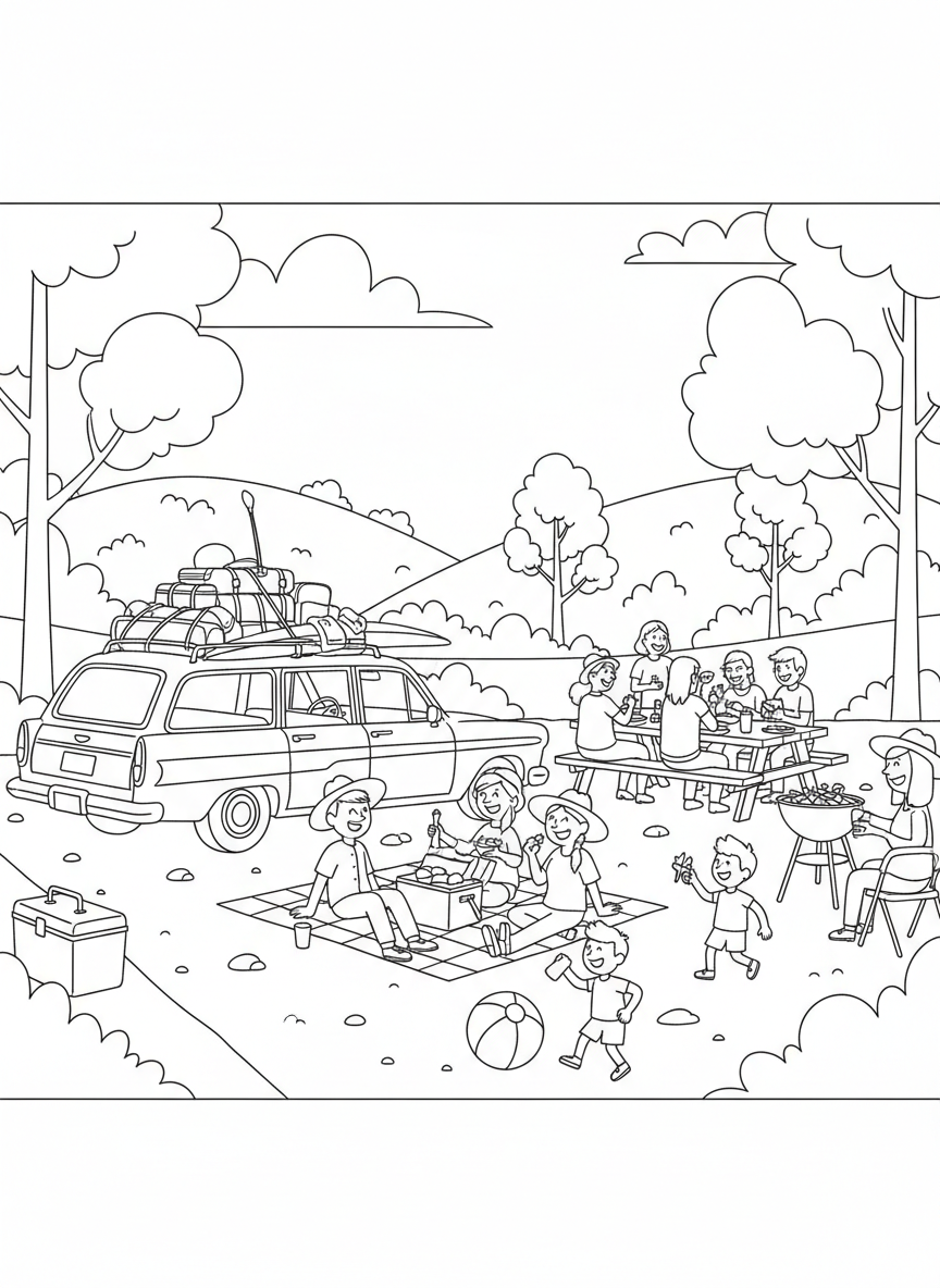 Labor Day coloring page prompts celebrating the close of summer, long-weekend relaxation, outdoor gatherings, and community spirit.	A scenic road-trip rest stop overlooking rolling hills, a packed car nearby capturing the feeling of one last summer adventure.