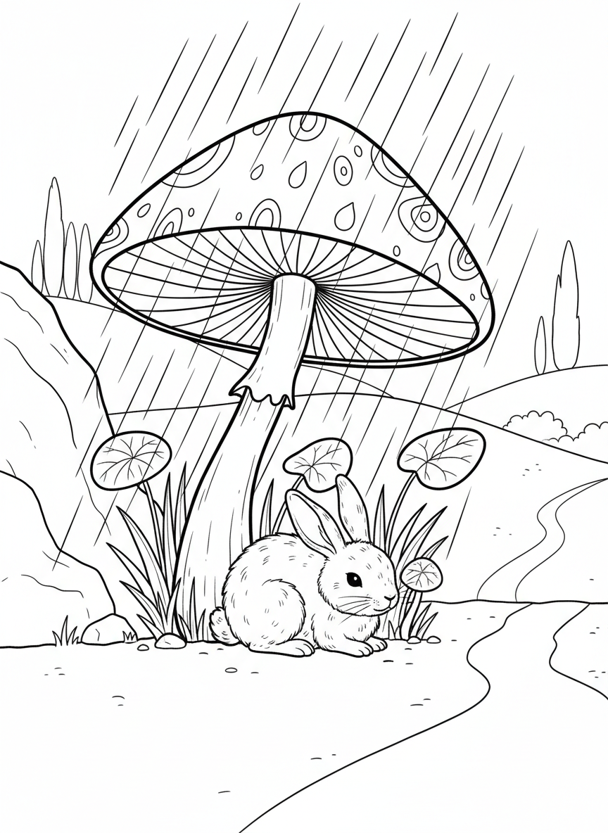 A magical mushroom with a wide cap sheltering a small rabbit underneath during rain, simple and sweet composition.