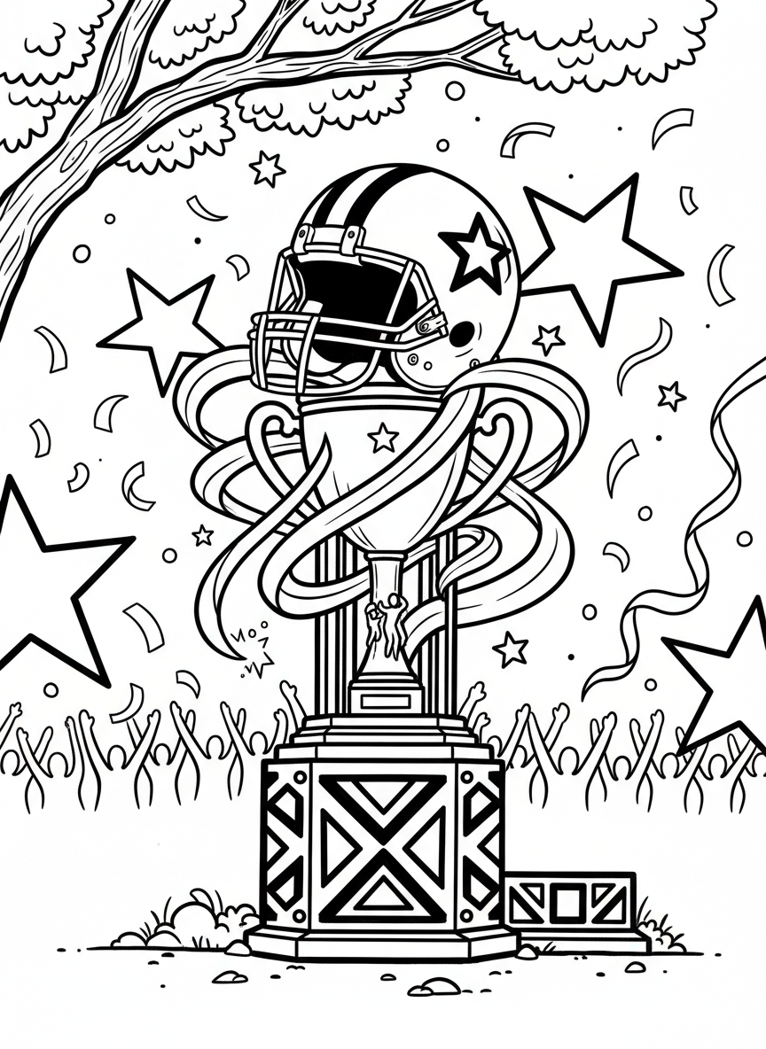 A football helmet and trophy sitting on a podium with ribbons and stars decorating the scene, championship celebration theme.