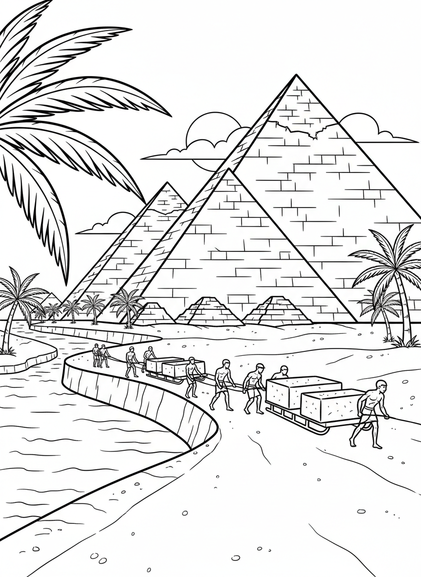 An ancient Egyptian scene with towering pyramids in the background, workers transporting stone blocks, and palm trees lining the edge of the Nile River.
