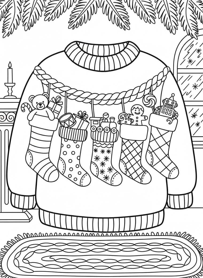 An elaborate sweater with multiple stockings hanging across the chest like a mantel, each filled with different toys and treats peeking out.