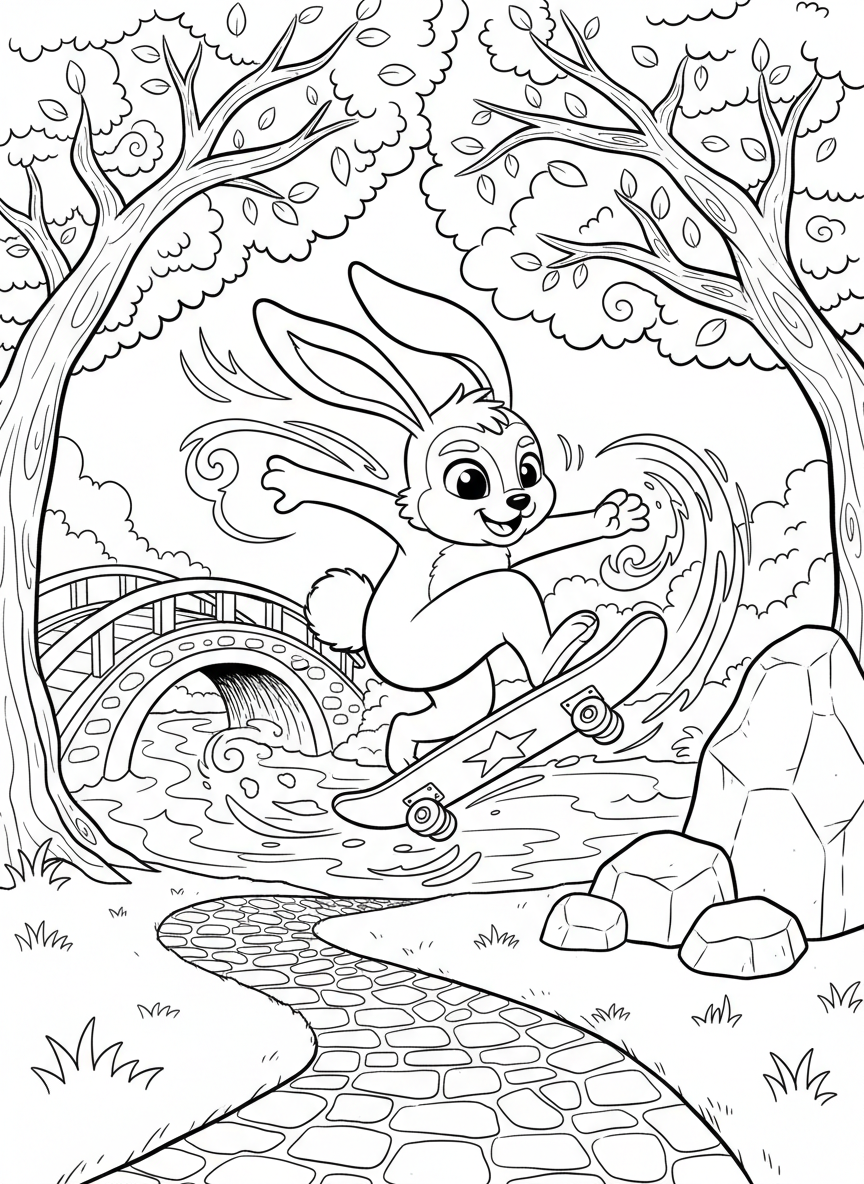 A playful fantasy creature with bunny-like ears riding a skateboard, action pose with motion lines, kid-friendly line art