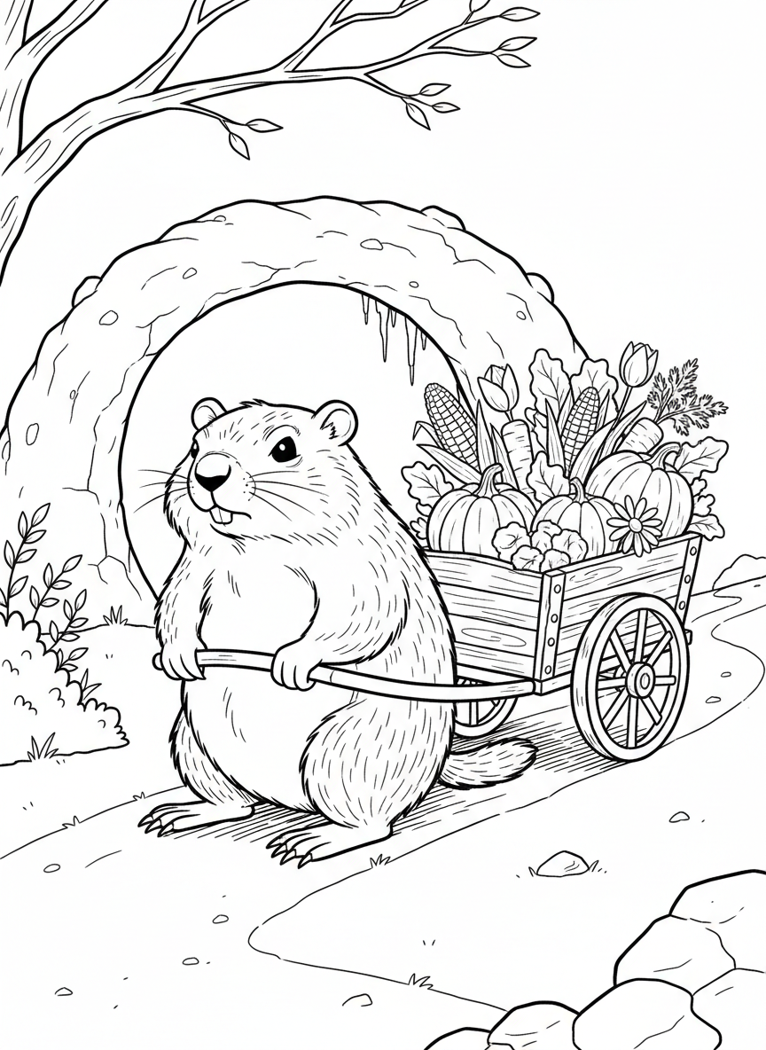A groundhog pulling a wagon full of spring vegetables and flowers, walking away from his winter burrow