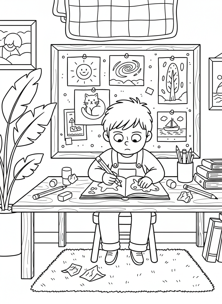 A cozy art corner with a child drawing in a sketchbook, surrounded by pencils, erasers, and inspiration pictures pinned to a bulletin board.