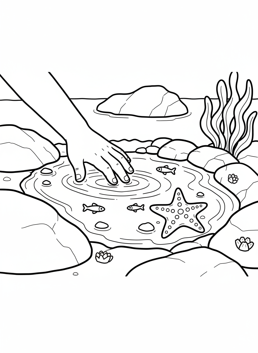A child's hand gently touching the water surface of a tide pool, with a starfish and small fish visible beneath.