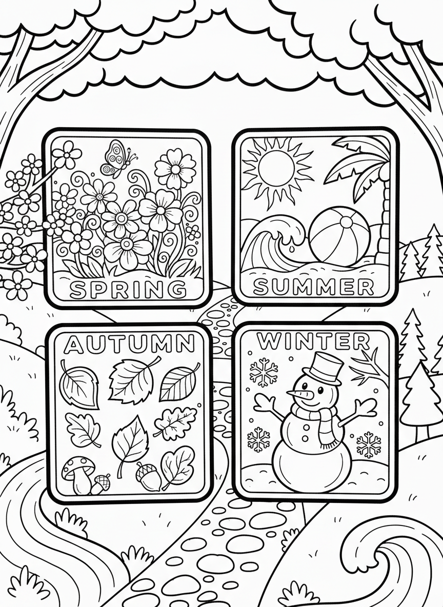 Four square stickers featuring different seasons: spring flower, summer sun and beach ball, autumn leaf, winter snowman