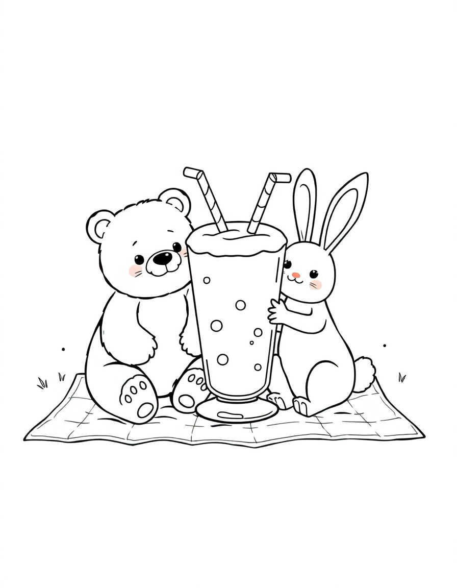 Two cute animals (like a bear and a bunny) sitting on a picnic blanket sharing a giant milkshake with two straws.