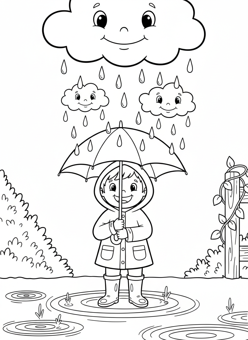 Rain clouds with smiling faces dropping raindrops onto an umbrella held by a child in rain boots, puddles forming on the ground below.