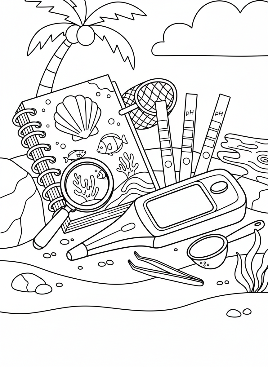 A handheld digital thermometer and pH testing strips next to a field journal, tools for young marine scientists.