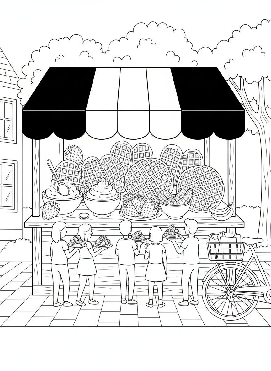 A waffle stand with a Belgian flag design, showing heart-shaped and round waffles with topping options like strawberries and whipped cream.