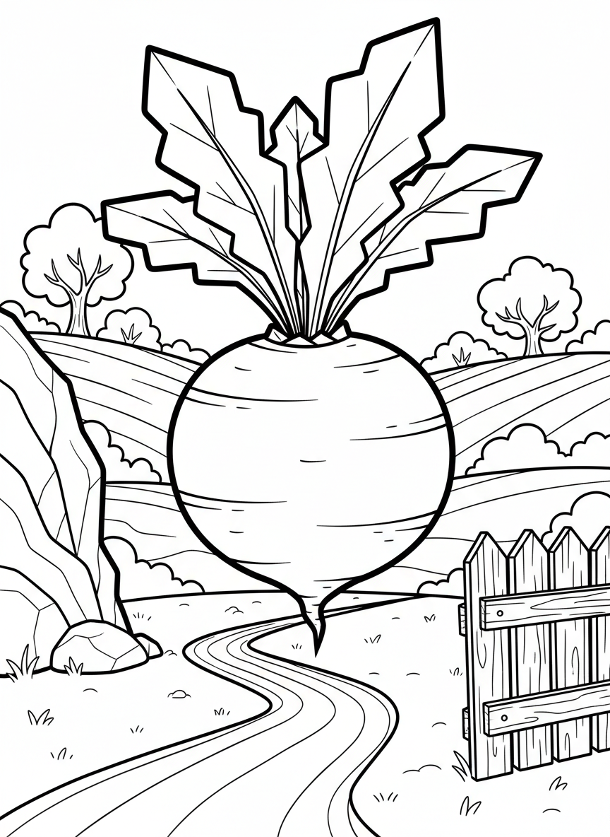 An origami radish with round paper-folded body, zigzag leafy tops, and simple line details showing the root vegetable