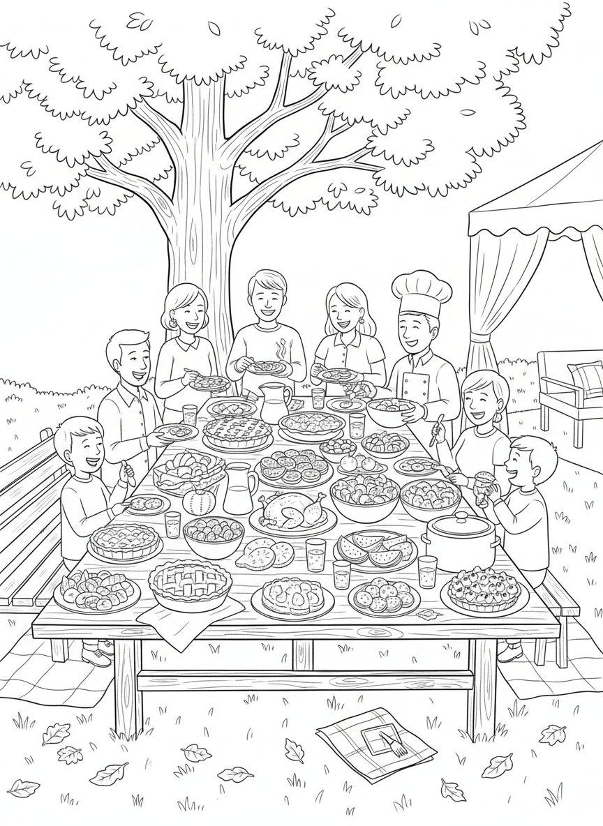 A community potluck table filled with various dishes, pies, and fruits with people gathering around to celebrate together.