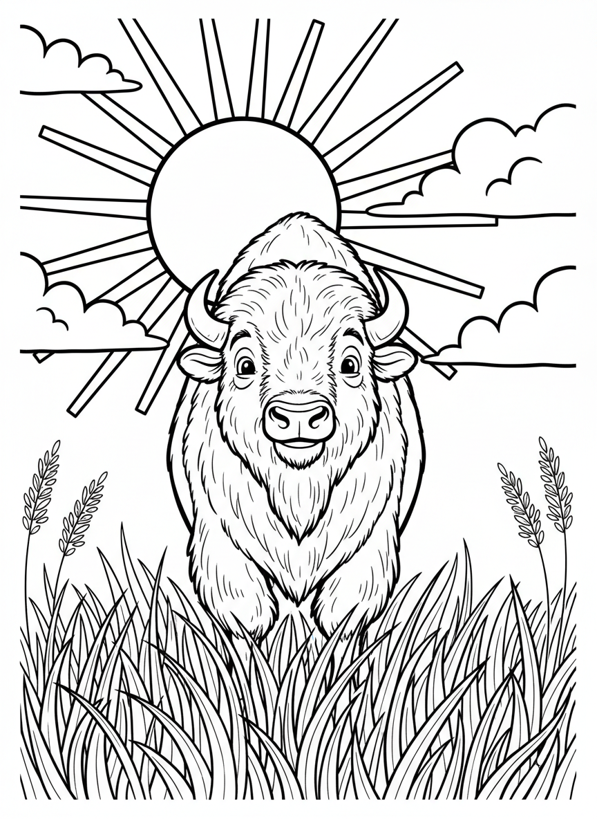 A cheerful bison standing in tall prairie grass under a big sun, with simple clouds in the sky, easy coloring page design.