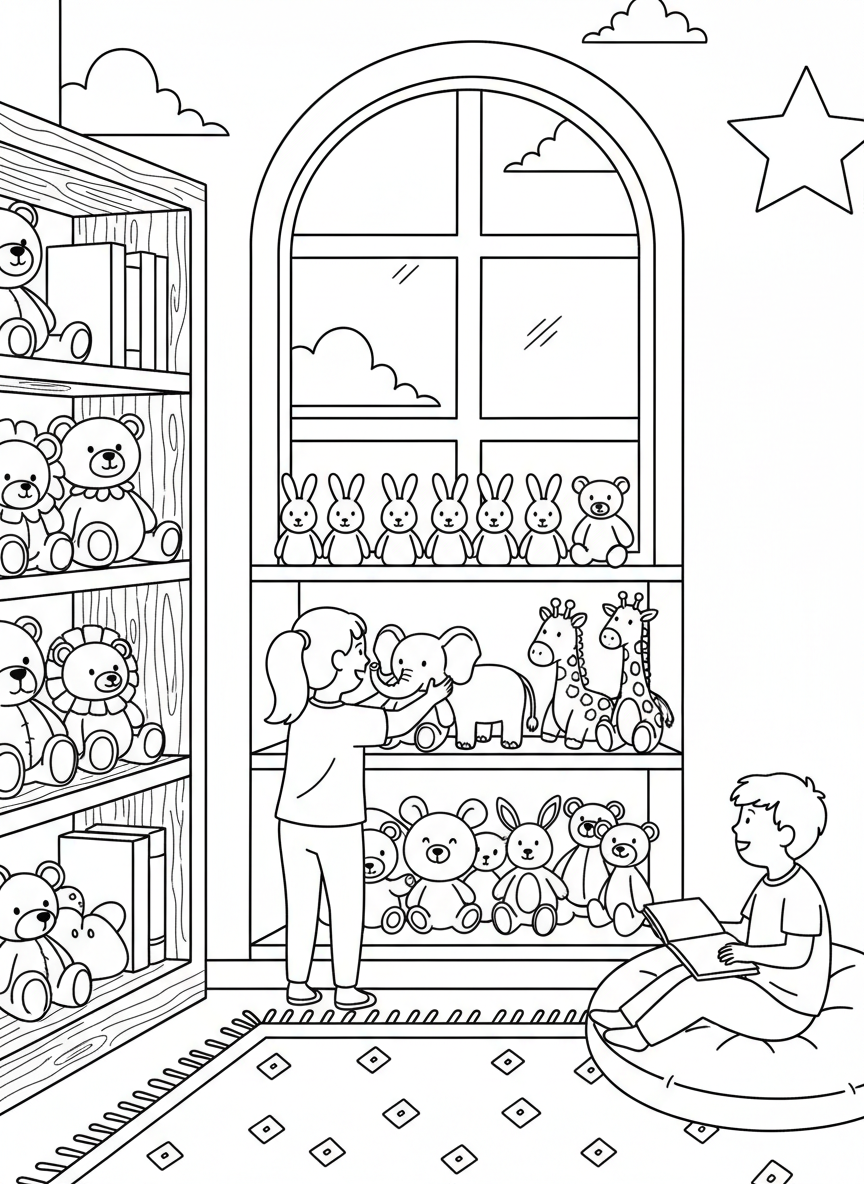 Students lining up stuffed animals neatly on a shelf, organizing by size or type, cozy reading corner setting