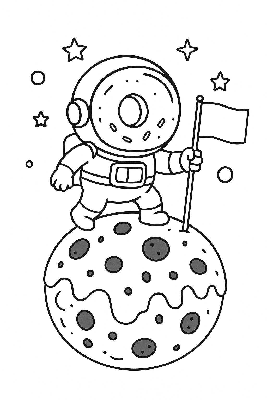 A donut astronaut planting a flag on a moon shaped like a giant cookie.