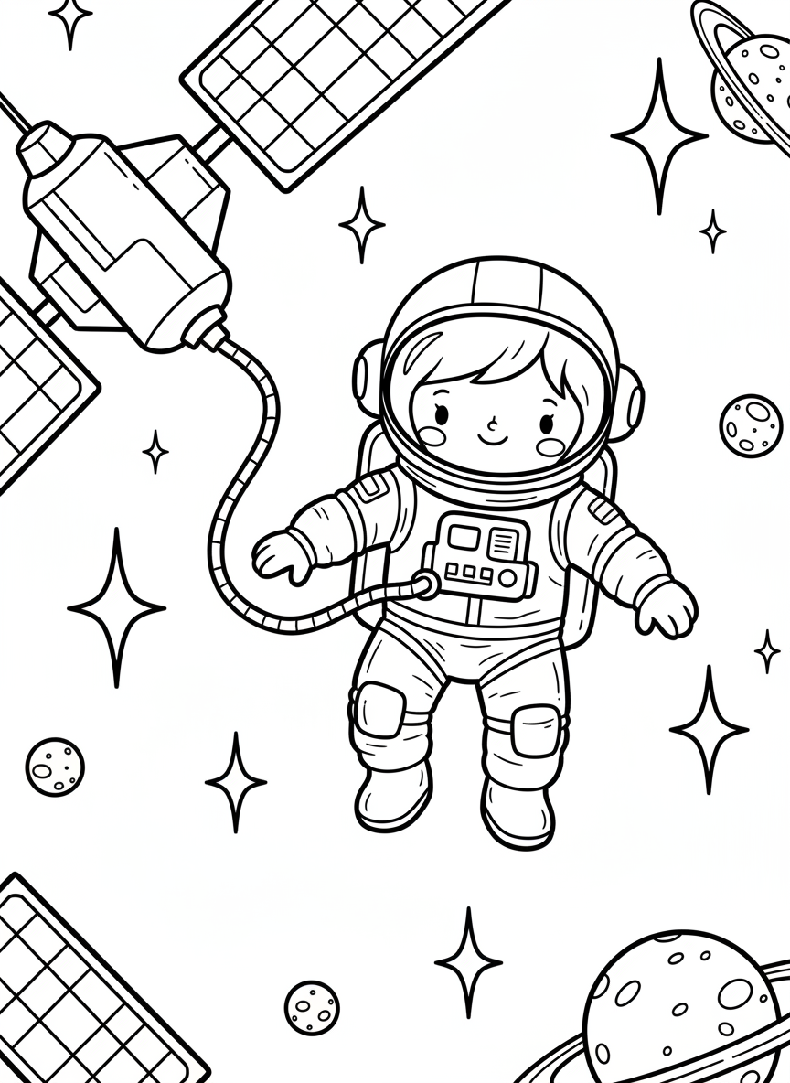 A cute astronaut floating in space connected to a spacecraft by a tether, surrounded by twinkling stars and small planets