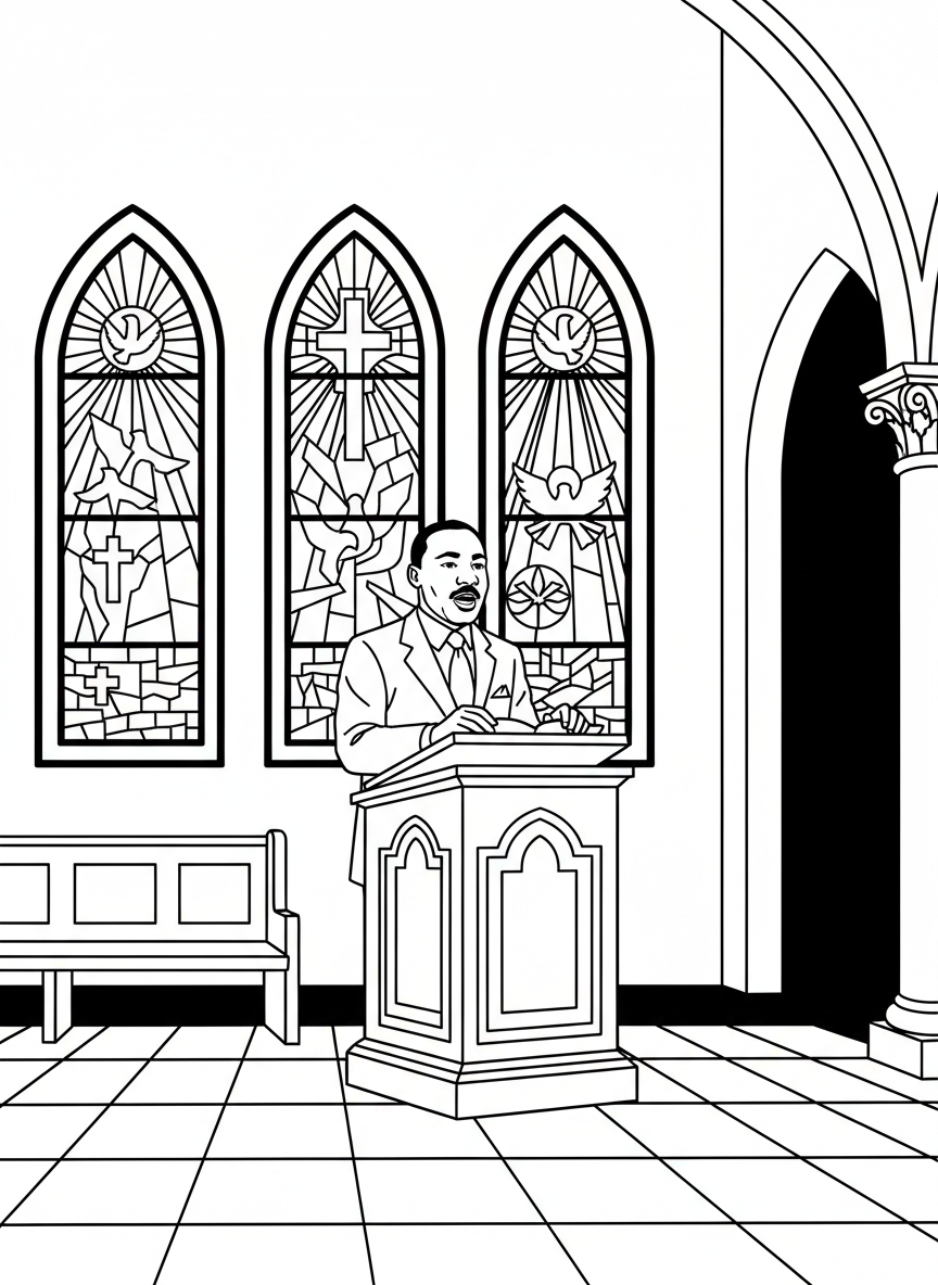Simple church scene with Martin Luther King Jr. standing at the pulpit, stained glass windows in background